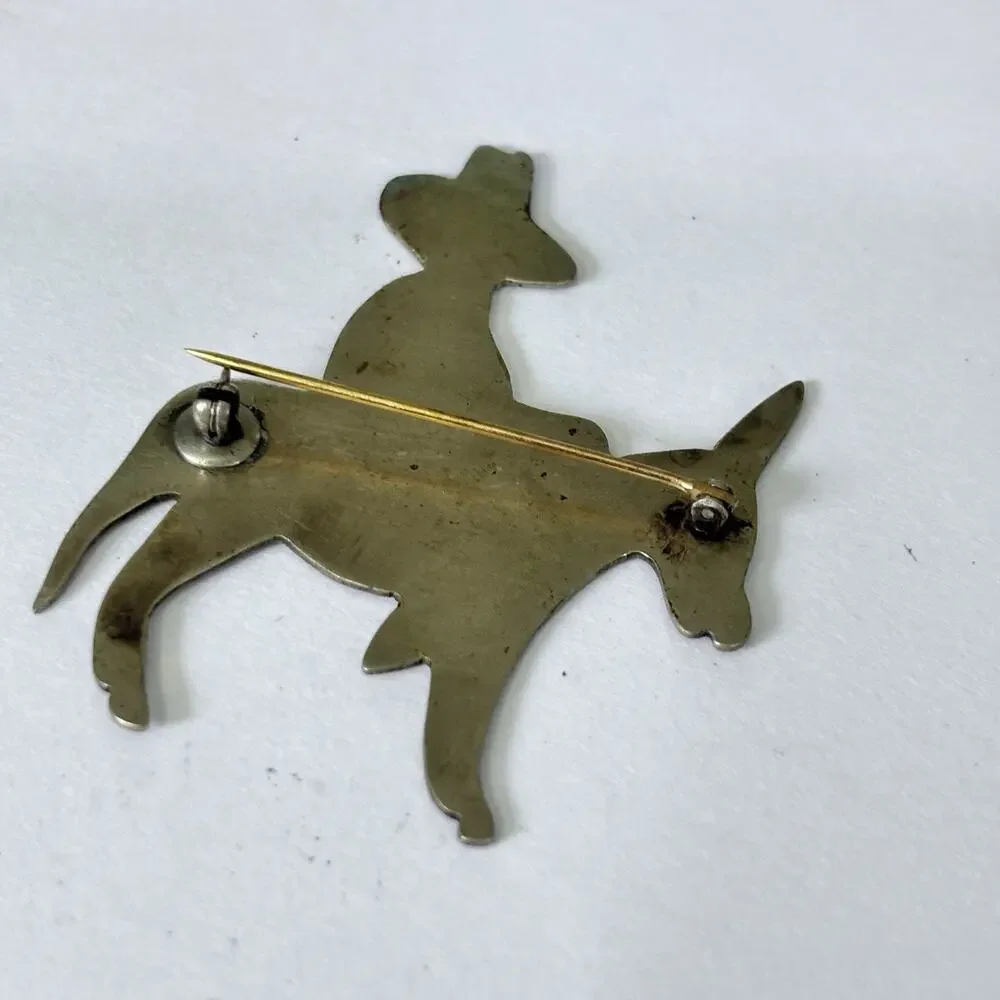 Vintage Cowboy Riding Burro Donkey Brooch Pin Folk Art Style Unmarked